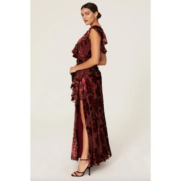 Hutch x RTR Red Velvet Floral Burnout Ruffle Gown Size Medium * - Picture 3 of 9